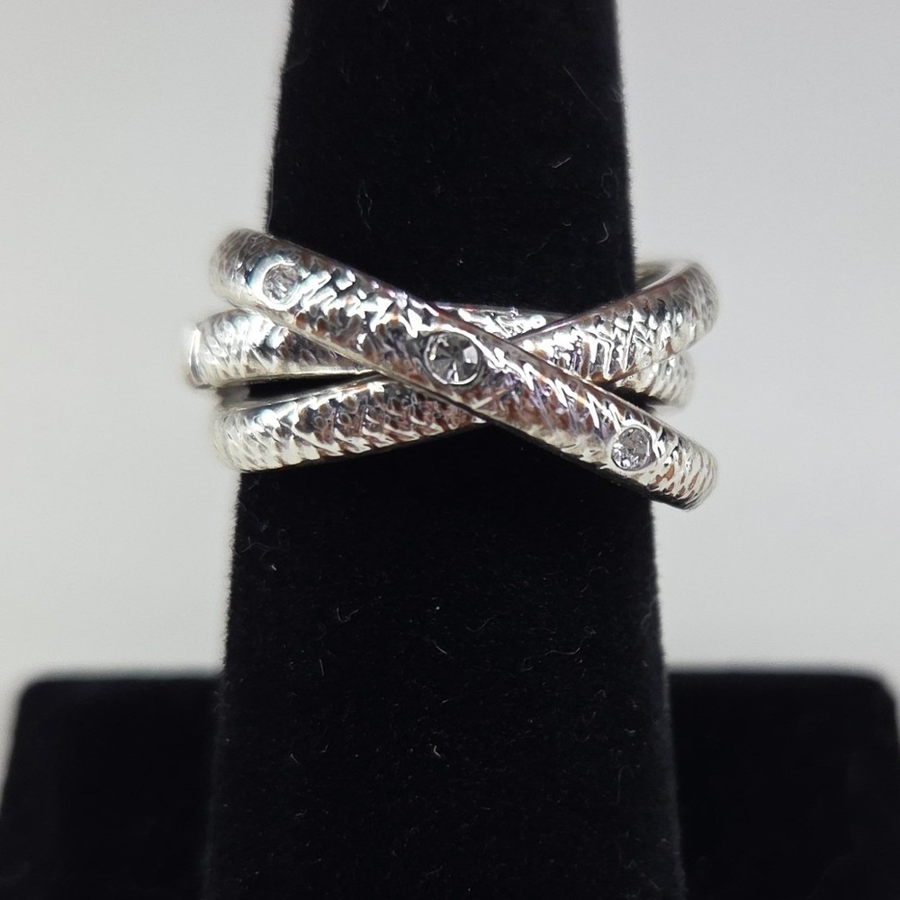Textured Silver Tone Triple Band Rolling Ring with Crystal Accents Size 8.5